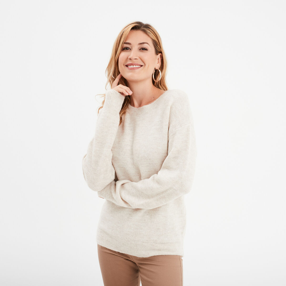 Pull col rond manches longues ecru femme