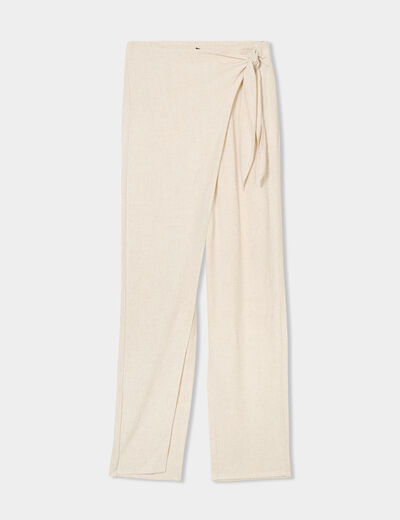 Pantalon cigarette à nouer lin mélangé beige femme