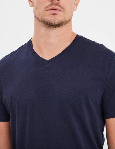 T-shirt manches courtes coton col V bleu marine homme