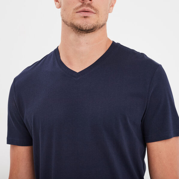 T-shirt manches courtes coton col V bleu marine homme