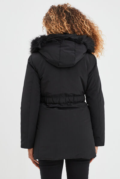 Parka mi-longue à capuche fourrure noir femme