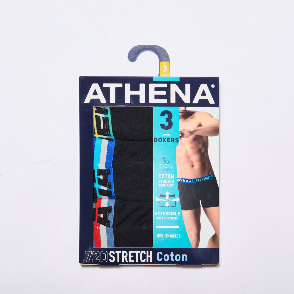 Lot 3 boxers coton stretch Athena noir homme