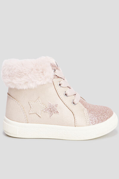 Baskets montantes fourrure et paillettes rose bébé fille