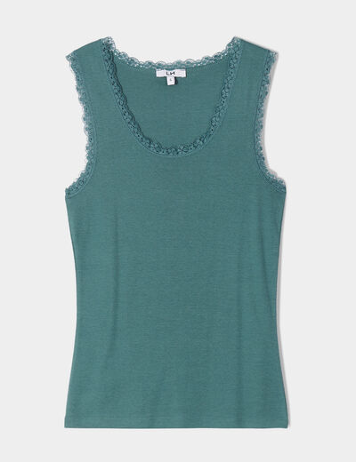 Débardeur coton bords dentelle vert foncé femme