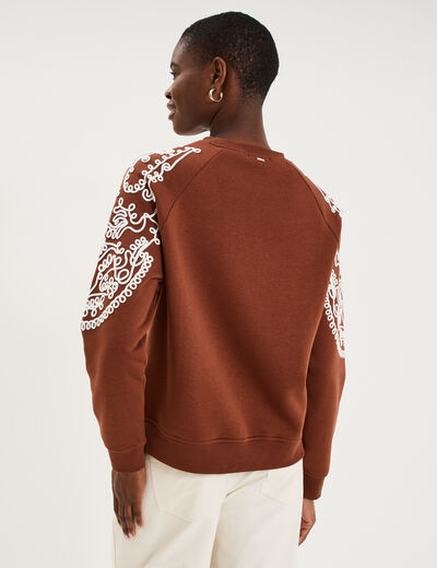 Sweat manches brod&eacute;es col rond marron fonc&eacute; femme