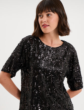 T-shirt &agrave; sequins manches courtes noir femme