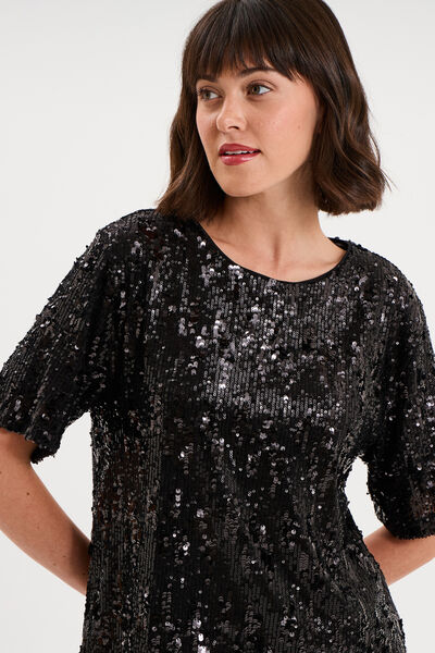 T-shirt &agrave; sequins manches courtes noir femme