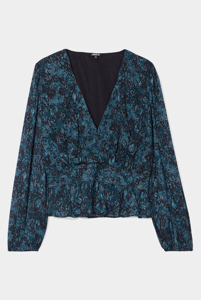 Blouse cintrée col effet croisé Liberto bleu canard femme