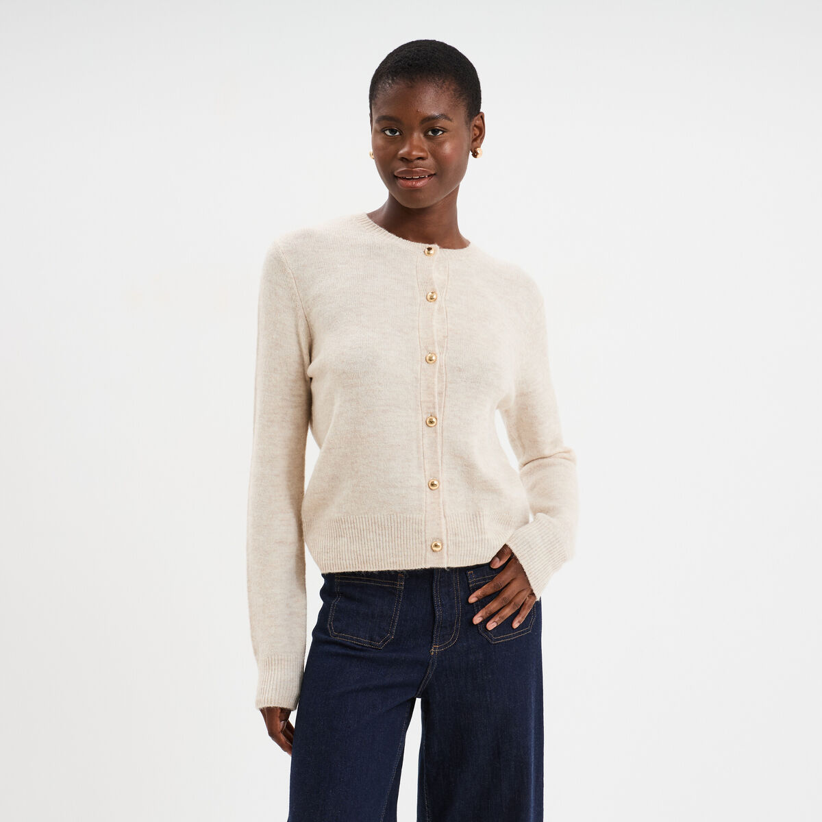 Gilet col rond manches longues ecru femme