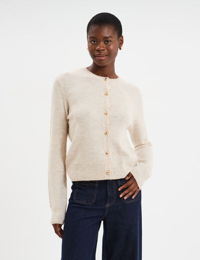 Gilet col rond manches longues ecru femme
