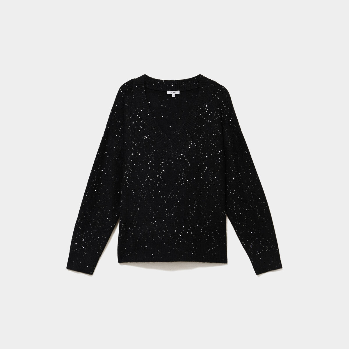 Pull droit sequins col V manches longues noir femme grande taille