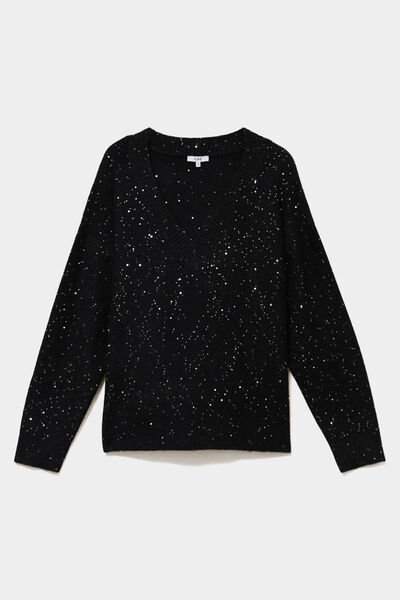 Pull droit sequins col V manches longues noir femme grande taille