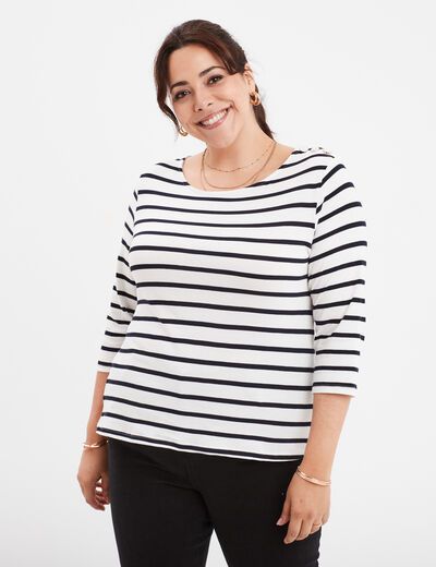T-shirt col rond manches 3/4 coton ecru femme grande taille