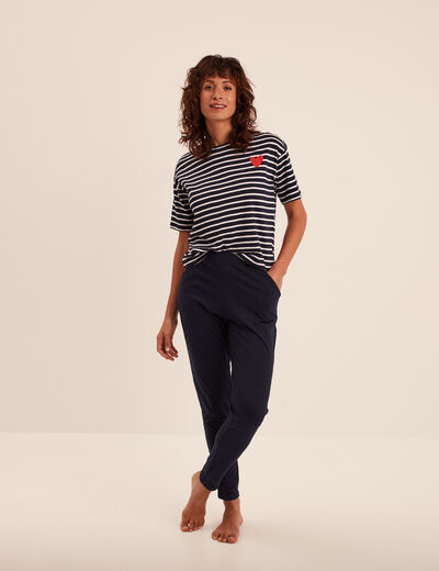 Ensemble pyjama pantalon 2 pièces coton bleu marine femme
