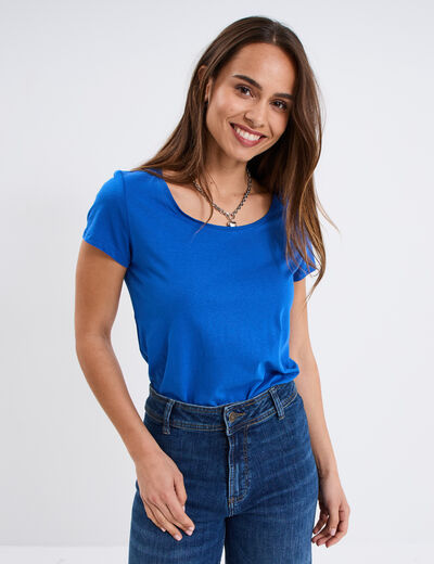 T-shirt coton col rond manches courtes bleu roi femme
