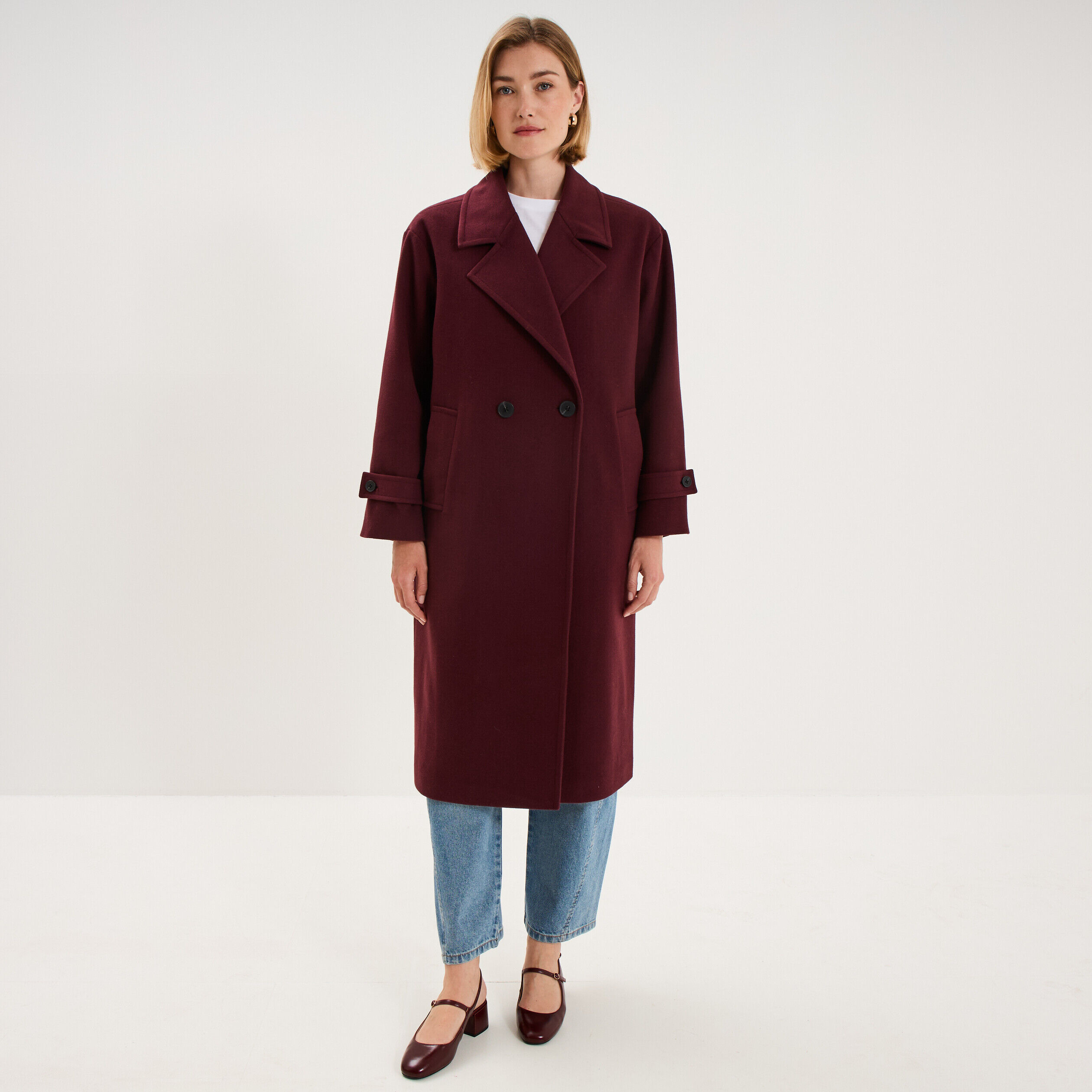 Manteau oversize double boutons long violet foncé femme