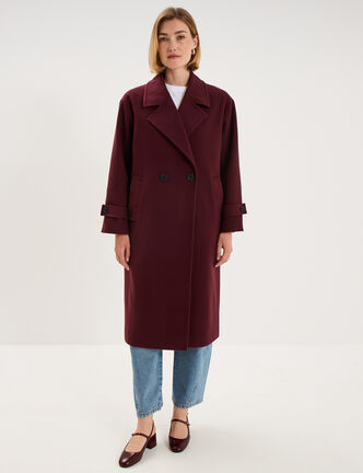 Manteau oversize double boutons long violet fonc&eacute; femme