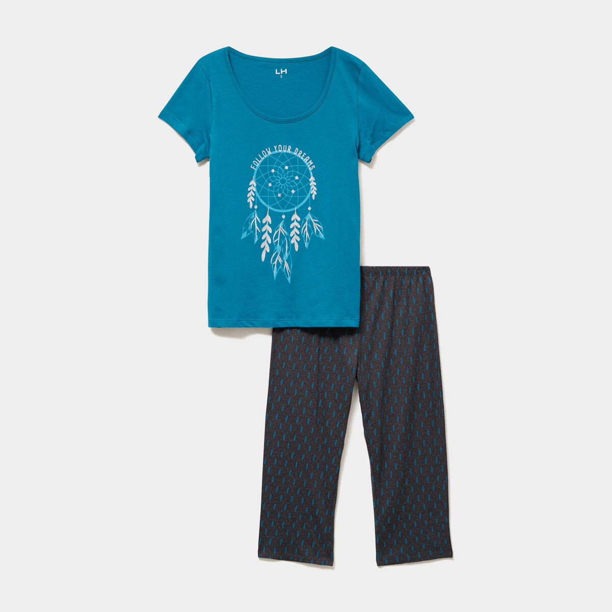 Ensemble pyjama corsaire t-shirt coton bleu canard femme