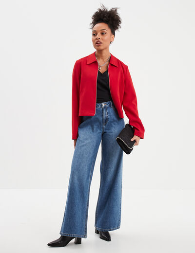 Veste courte zippée manches longues rouge femme