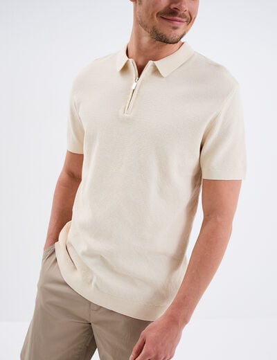 Polo col zippé manches courtes coton ecru homme
