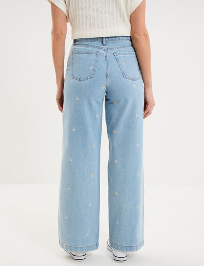 Jean large brod&eacute; taille haute coton denim triple stone femme