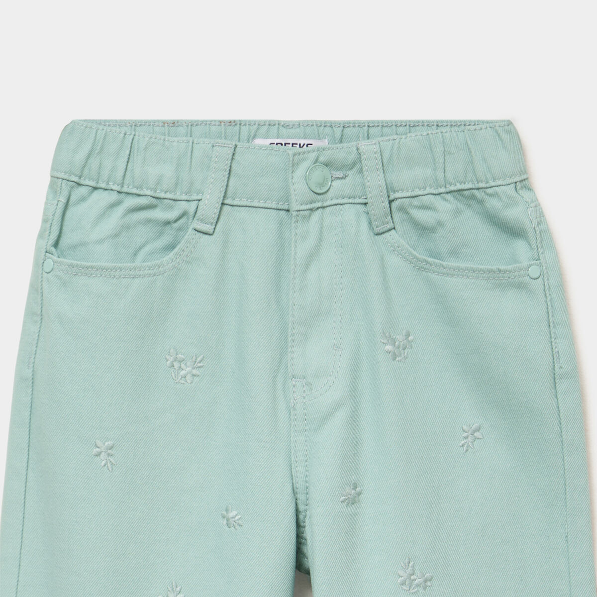 Pantalon large brod&eacute; taille ajustable bleu gris fille