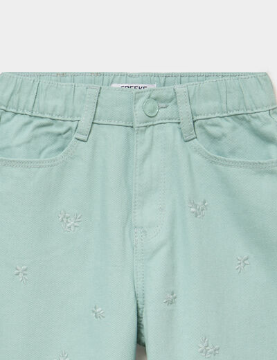 Pantalon large brod&eacute; taille ajustable bleu gris fille