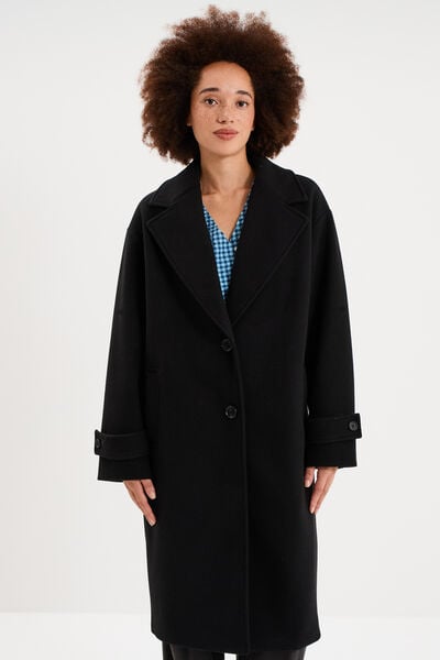 Manteau long oversize boutonn&eacute; noir femme