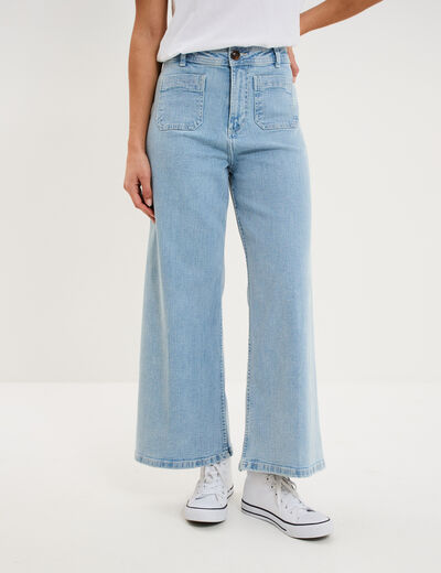 Jean large cropped poches plaqu&eacute;es coton denim triple stone femme