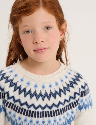 Pull jacquard col rond manches longues ecru fille
