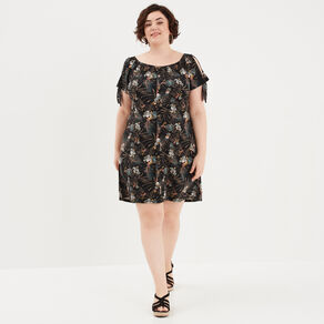 Robe courte évasée fluide boutonnée noir femme grande taille