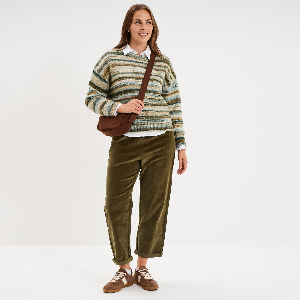 Pantalon taille haute velours 7/8&egrave;me vert kaki femme