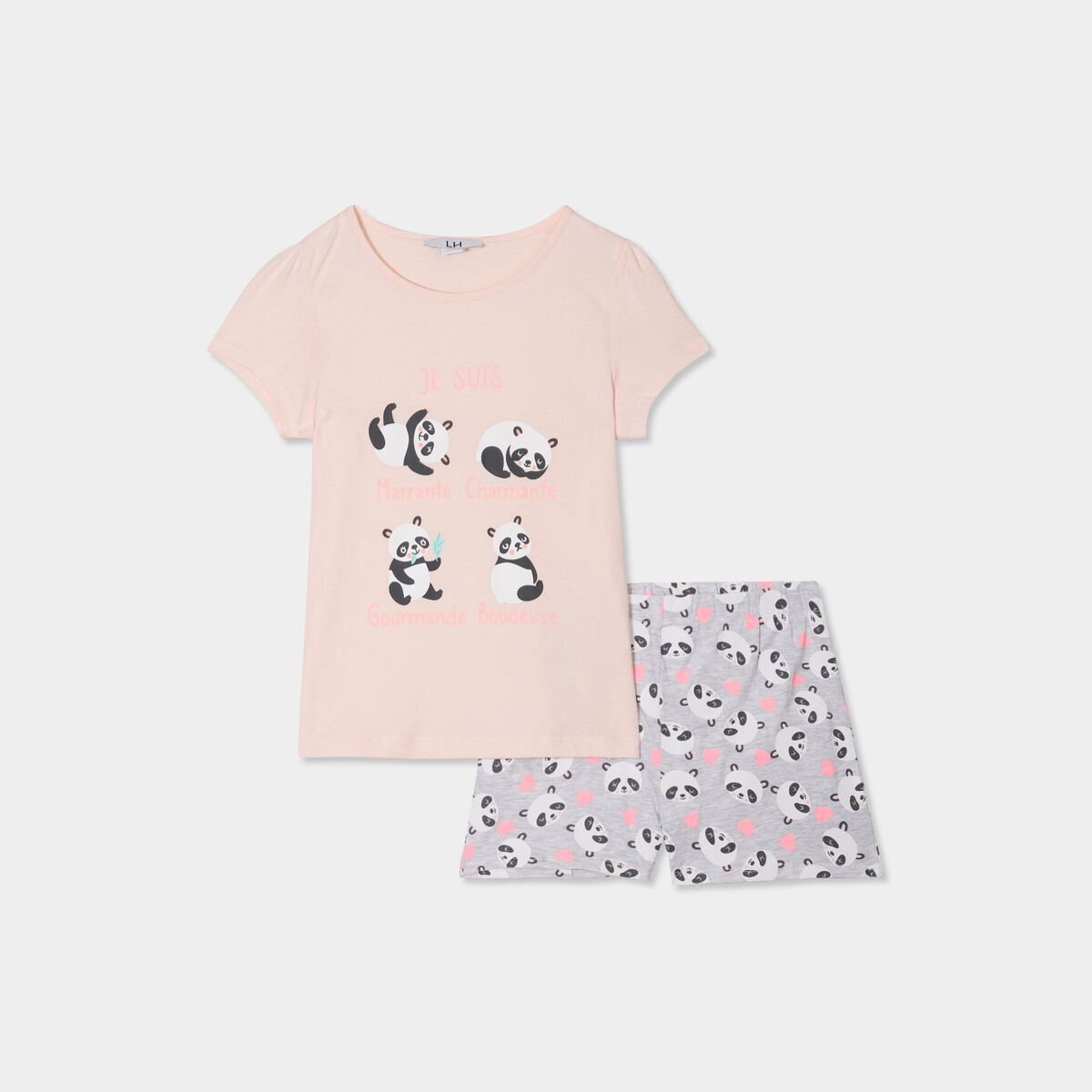 Ensemble pyjama short 2 pi&egrave;ces coton rose poudr&eacute;e fille