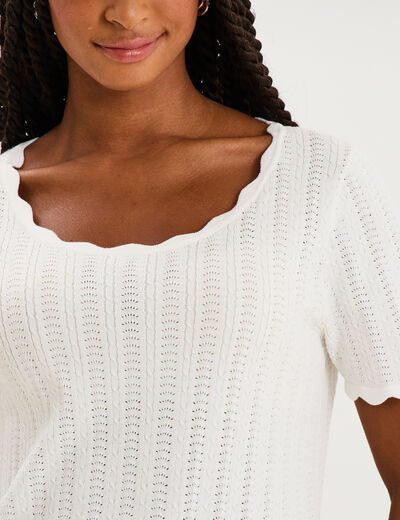 Pull col rond textur&eacute; manches courtes blanc femme