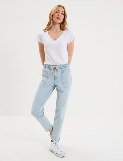 Jeans droit cropped taille &eacute;lastiqu&eacute;e denim triple stone femme