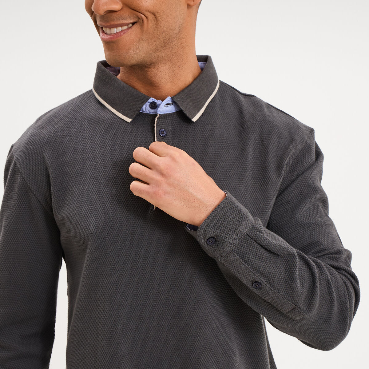 Polo piqu&eacute; droit manches longues coton gris homme