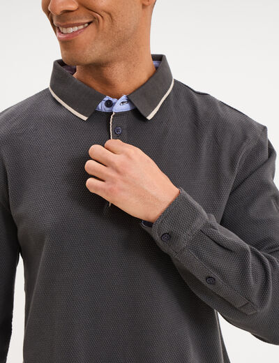 Polo piqu&eacute; droit manches longues coton gris homme