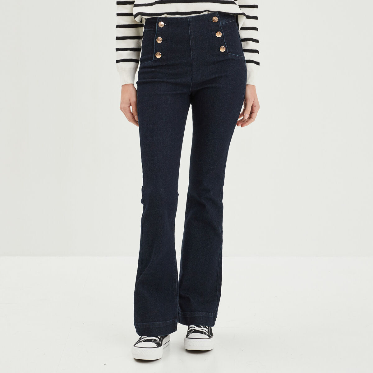 Jeans taille haute flare à ponts denim brut femme