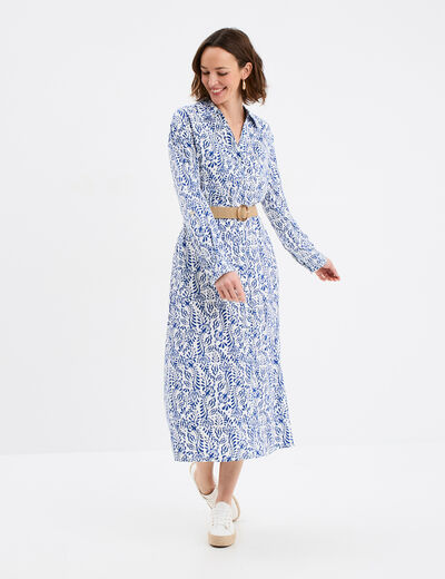 Robe chemise longue avec ceinture bleu marine femme