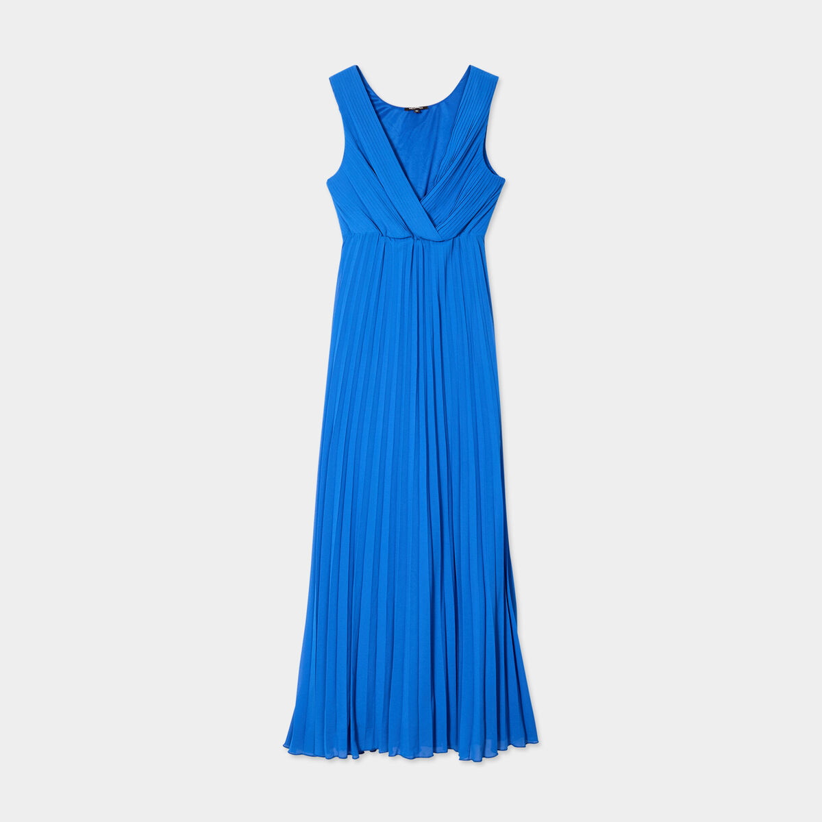 Robe longue plissée sans manches col V bleu roi femme