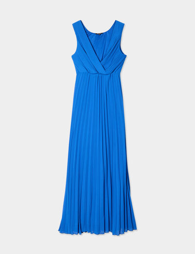 Robe longue plissée sans manches col V bleu roi femme