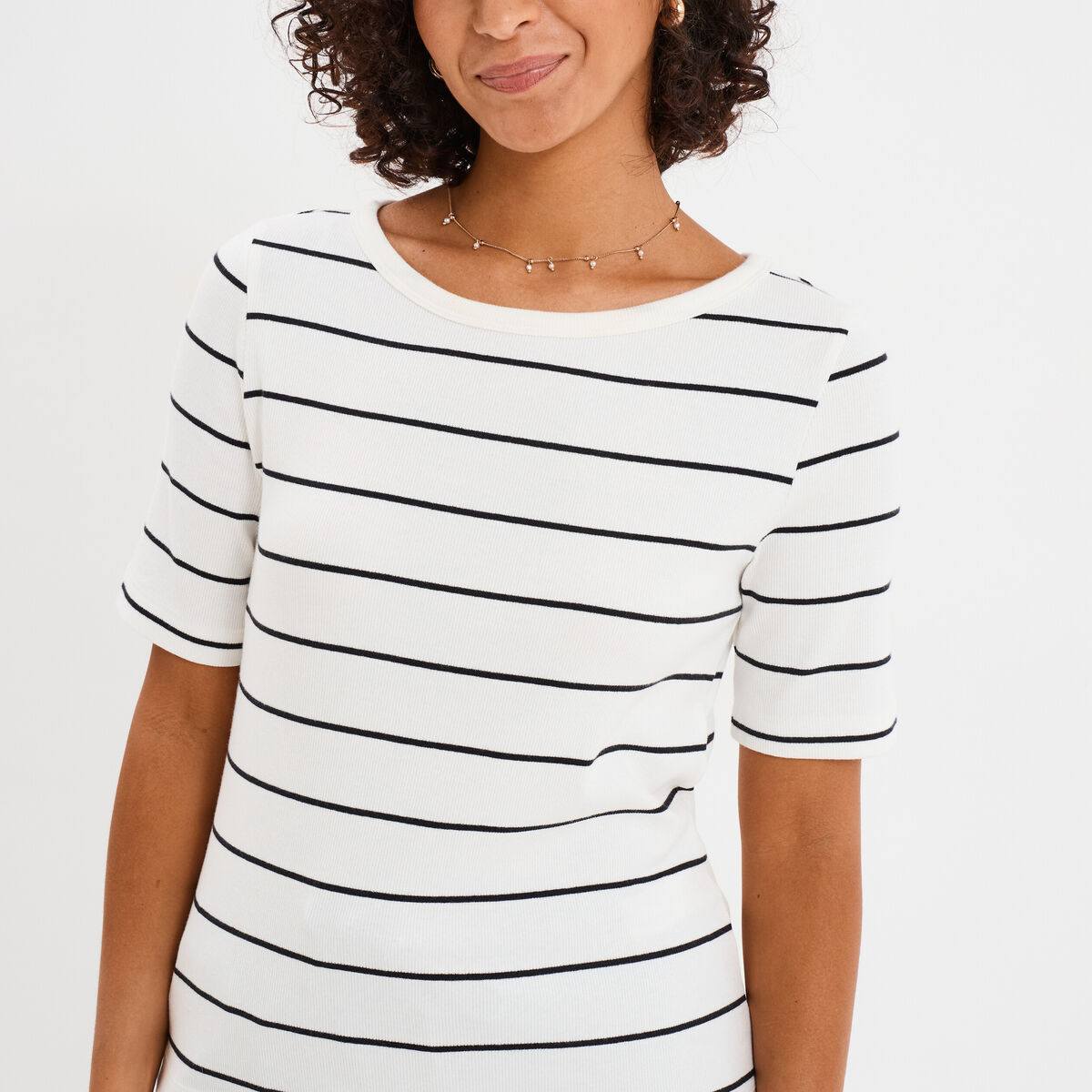 T-shirt col rond manches courtes coton ecru femme