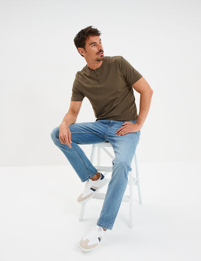 T-shirt col tunisien manches courtes vert kaki homme