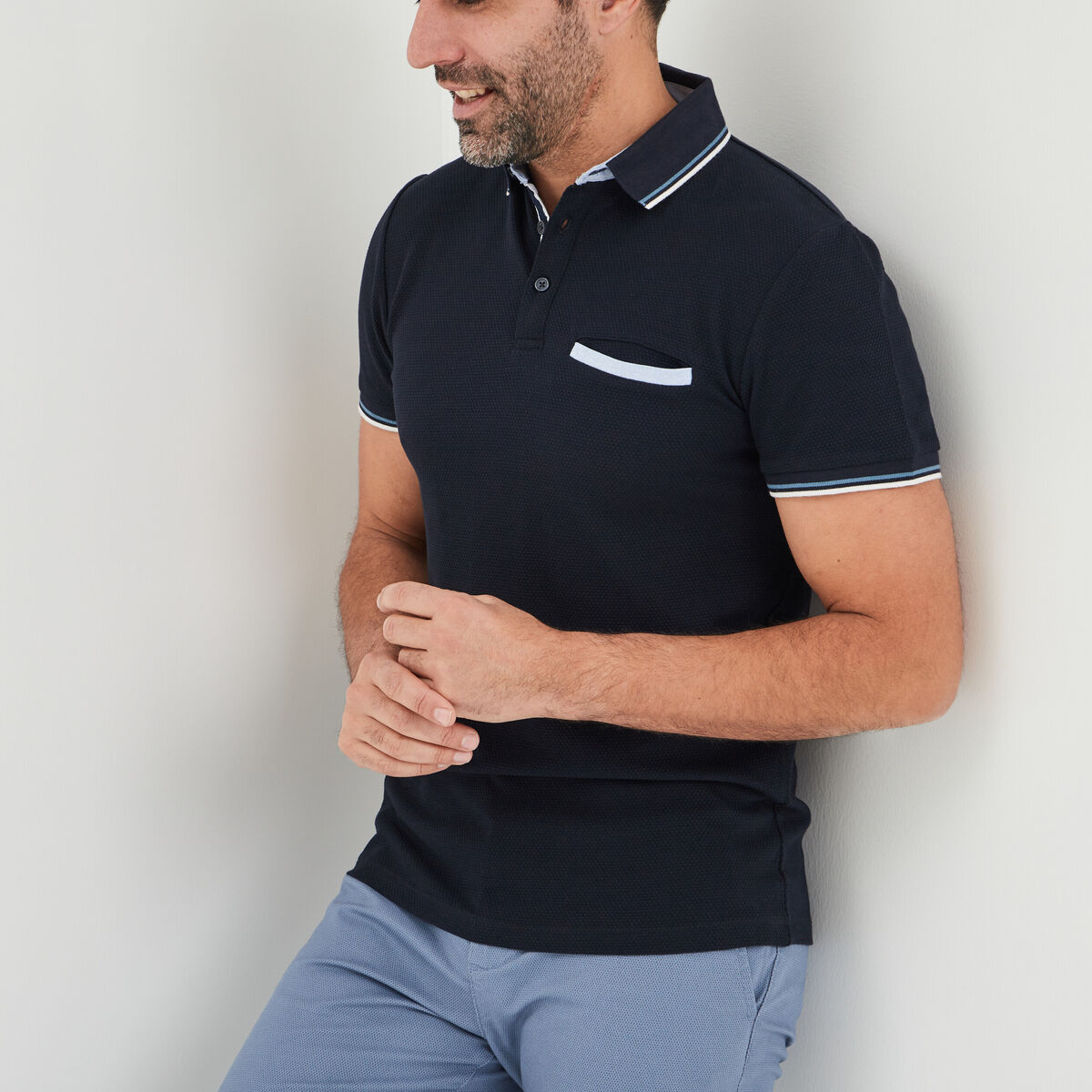 Polo piqu&eacute; manches courtes coton bleu marine homme