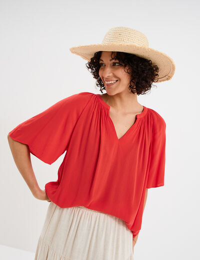 Blouse manches papillons col tunisien rouge femme