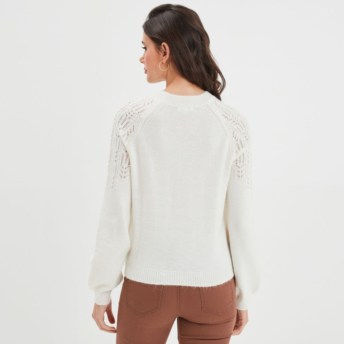 Pull manches ballons détails ajourés sable femme