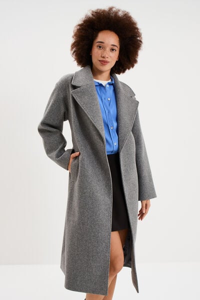 Manteau long oversize ceintur&eacute; gris femme
