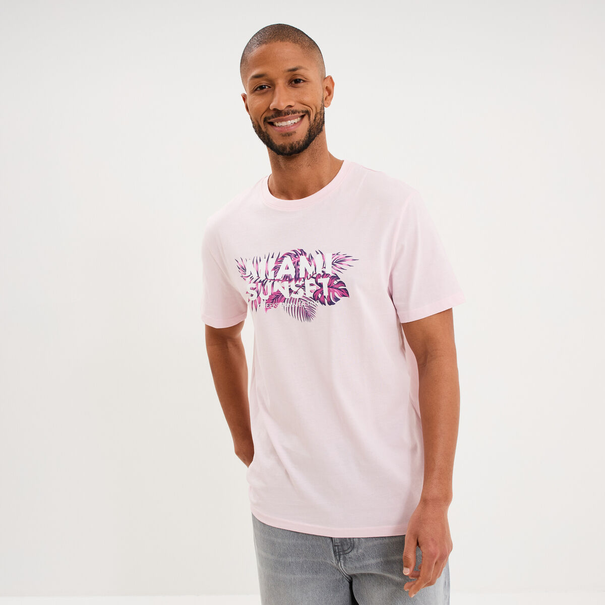 T-shirt col rond manches courtes coton rose clair homme