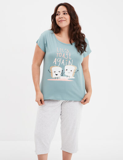 Ensemble pyjama corsaire 2 pièces coton bleu gris femme grande taille