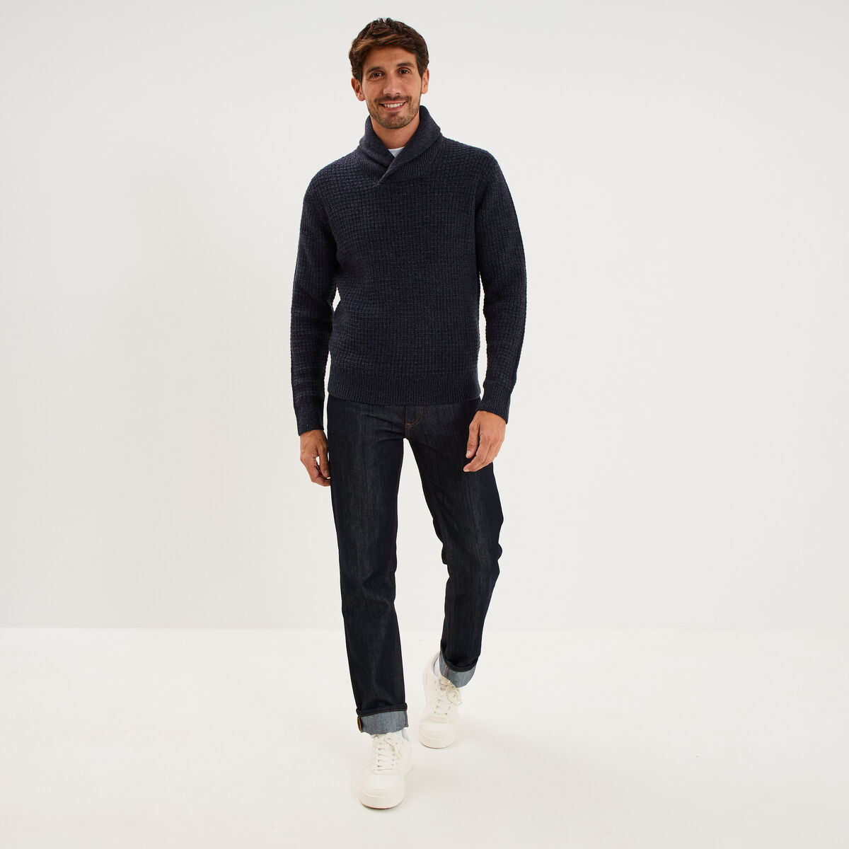 Pull col ch&acirc;le manches longues bleu marine homme